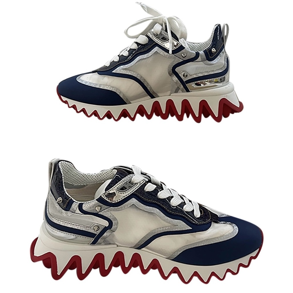 Christian Louboutin White and Blue Sneakers with Red Soles